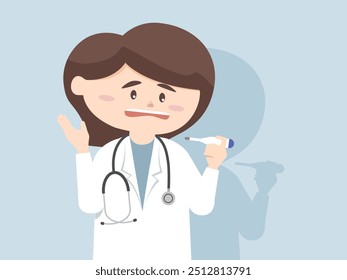 A female cartoon doctor examining the reading on a thermometer.