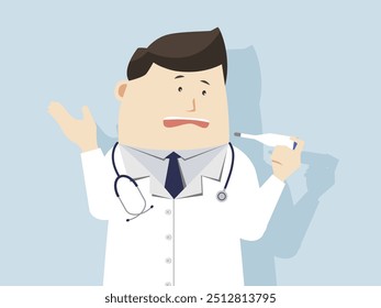 A female cartoon doctor examining the reading on a thermometer.