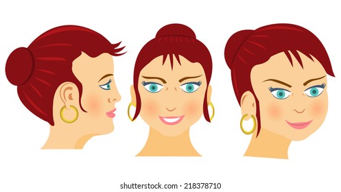 Female cartoon  face in three different positions.