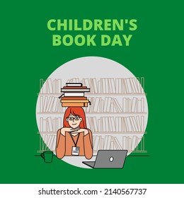 female cartoon graphic vector illustration, library, on green background. top view, perfect for learning materials and commemorating international children's book day