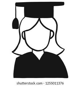 Female cartoon head with no face in white and black. Student with hat and black dress. Vector drawing, isolated easy to use as a pictogram.