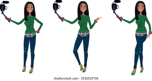 Female cartoon holding selfie camera in three poses