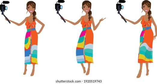 Female cartoon holding selfie camera in three poses