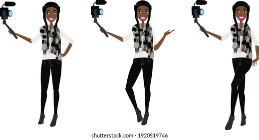 Female cartoon holding selfie camera in three poses