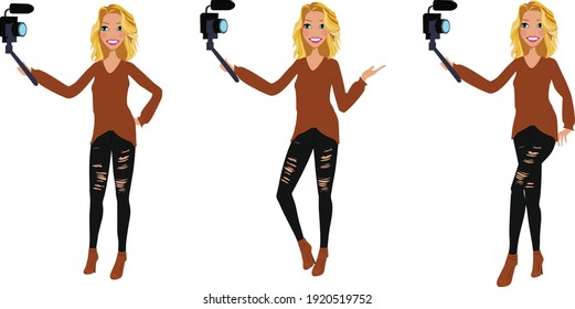 Female cartoon holding selfie camera in three poses