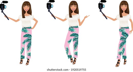 Female cartoon holding selfie camera in three poses