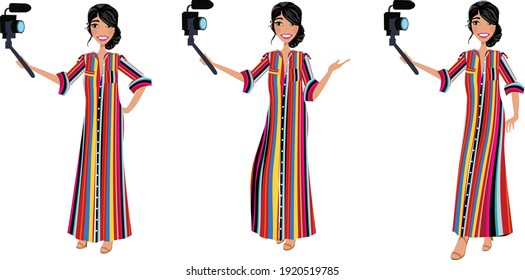 Female cartoon holding selfie camera in three poses