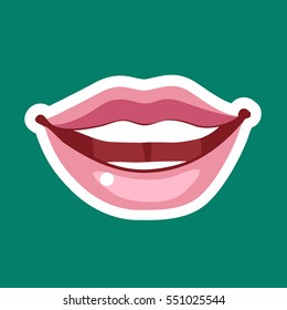 Female Cartoon Lips With A Broad Smile. Icon, Sign, Symbol, Patch, Sticker. Healthy Teeth, Nice Lips, A Good Mood, Emotion Fun. Mouth Says Something. Vector Illustration Isolated On Green Background.