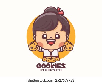 female cartoon mascot design with cookies. food logo template. vector illustration in outline style.