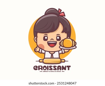 desenho feminino do mascote do desenho animado com croissant. modelo do logotipo da padaria. ilustração do vetor no estilo do esboço.