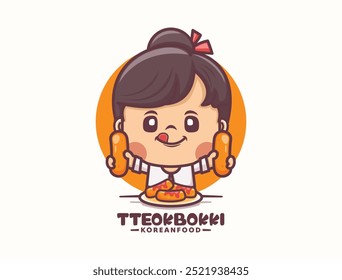 female cartoon mascot design with korean dish tteokbokki. food logo template. vector illustration in outline style.