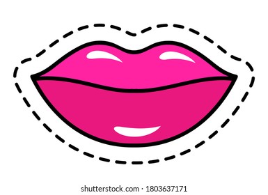 Animación femenina labios rosados con contorno de línea discontinua. Icono, signo, símbolo, parche diseño estilo moderno, glamour lindo brillante labios mujer, un buen humor pegatina ilustración vectorial aislado en fondo blanco