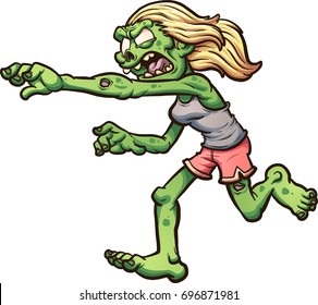 Female cartoon running zombie. Vector clip art illustration with simple gradients. All in a single layer. 