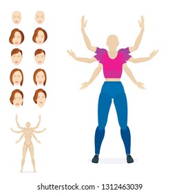 Female cartoon style character with six hands and different faces.
Many armed cartoon style woman or young girl illustration constructor.
Multitasking concept illustration.