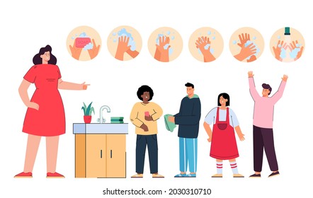 Female cartoon teacher teaching kids hand washing steps. Kids washing hands with soap in school bathroom flat vector illustration. Education, hygiene concept for banner, website design or landing page