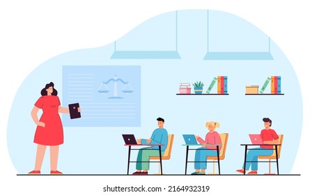 Female cartoon teacher teaching pupils law at school. Students sitting at desks, symbol of scales on board with laptops flat vector illustration. Education, law concept for banner or landing web page