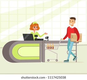 Female cashier and buyer with purchases, young man shopping in supermarket vector Illustration