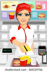 female cashier at fast food restaurant returning a credit card