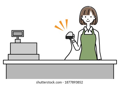 Female cashier holding barcode reader Illustration