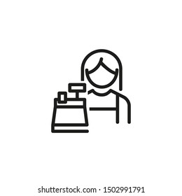 Female Cashier Line Icon. Woman Worker At Cash Register, Cashbox. Cashier Concept. Vector Illustration Can Be Used For Topics Like Store Payment Checkout.