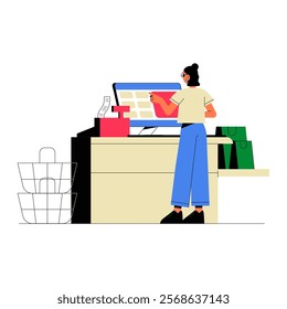 Female Cashier Operating A Touchscreen At Checkout Counter In Flat Vector Illustration Symbolizing Retail Transactions, Shopping, And Digital Sales, Isolated On White Background.