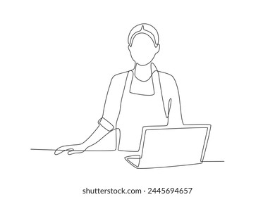 Female cashier is waiting for visitors.Business small one-line drawing