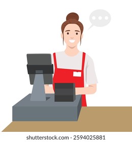 Female cashier wearing a red apron stands behind a checkout counter, assist customers with a smile. Flat vector illustration isolated on white background