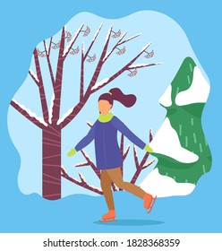 Female in casual clothes skating on rink near snowy fir-trees. Woman character ice-skating near tree in frost season. Winter activity of person wearing skates going near trees in park vector