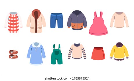 Female casual summer, spring & winter season clothes set. Girl dresses, sweaters, overalls, shorts, skirt, jacket, coat, shoes. Kids garment fashion clothing collection. Flat style vector illustration