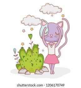 female cat animal with clouds and bushes
