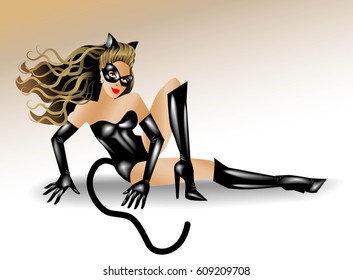 Female in cat costume sliding on the floor