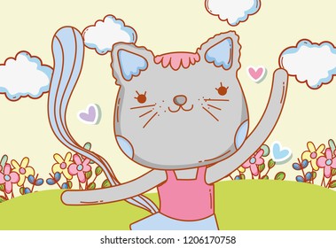 female cat dancing with clouds and flowers