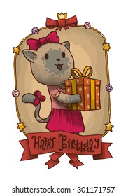 female cat with gift, vector