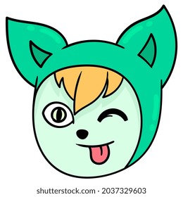female cat head winking seductive, vector illustration carton emoticon. doodle icon drawing