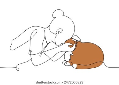 female cat lover petting ginger cat - one line art vector. concept woman petting cat pet. Handmade vector not AI