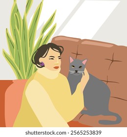 female with cat on the sofa vector illustration