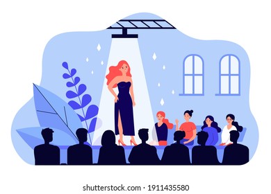 Female catwalk model showing fashionable dress flat vector illustration. Happy audience crowd sitting near stage and watching show. Fashion runway exhibition and entertainment concept