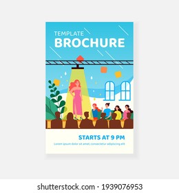 Female catwalk model showing fashionable dress flat vector illustration. Happy audience crowd sitting near stage and watching show. Fashion runway exhibition and entertainment concept