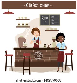 Female caucasian barista and african american waiter in the cafe,restaurant or coffee shop interior with furniture,cartoon woman characters,flat vector illustration