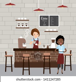 Female caucasian barista and african american waiter in the cafe,restaurant or coffee shop interior with furniture,cartoon woman characters,bricks wall on background,flat vector illustration