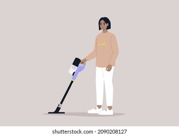 A female Caucasian character cleaning with a cordless vacuum cleaner, household chores