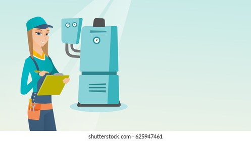 Female caucasian plumber making some notes in her clipboard. Plumber inspecting heating system in boiler room. Female plumber in overalls at work. Vector flat design illustration. Horizontal layout.
