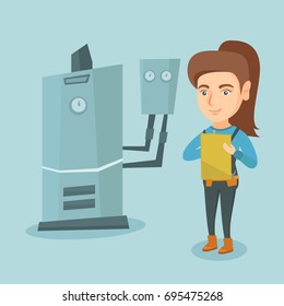 Female caucasian plumber taking some notes in her clipboard. Young plumber inspecting heating system in boiler room. Female plumber writing on clipboard. Vector cartoon illustration. Square layout.
