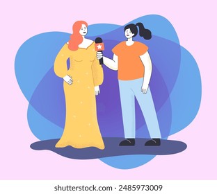 Female celebrity in long dress giving interview. Cartoon journalist with microphone asking questions to famous star flat vector illustration. Event, fame, success concept for banner