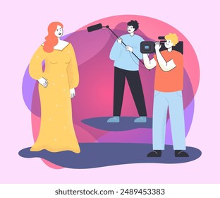 Female celebrity in long dress giving interview. Cartoon journalist with microphone asking questions to famous star flat vector illustration. Event, fame, success concept for banner