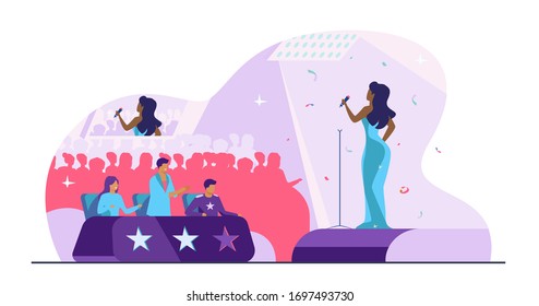 Female celebrity woman signing in front of jury flat vector illustration. Young singer standing on scene or stage and performing at TV talent show. Competition and television contest concept