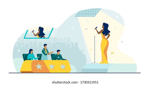 Female celebrity woman signing in front of jury flat vector illustration. Young singer standing on scene or stage and performing at TV talent show. Competition and television contest concept