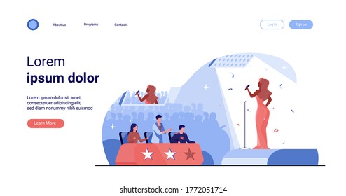 Female celebrity woman signing in front of jury flat vector illustration. Young singer standing on scene or stage and performing at TV talent show. Competition and television contest concept