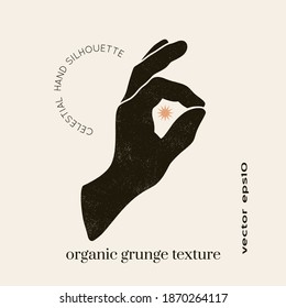Female celestial Boho logo in a minimal mid century modern style. Vector logotype design Template with organic textured hand gesture and mystic symbol. For cosmetics, tattoo, Spa, social media
