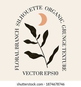 Female celestial Boho logo in a minimal mid century modern style. Vector logotype design Template with organic textured  floral leaves branch. For cosmetics, tattoo, Spa, social media